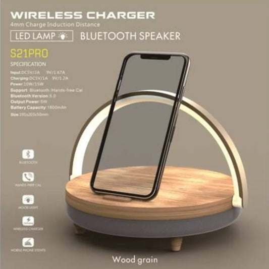 3-in-1 Wireless Charger, Bluetooth Speaker & Wooden Table Lamp 🌟