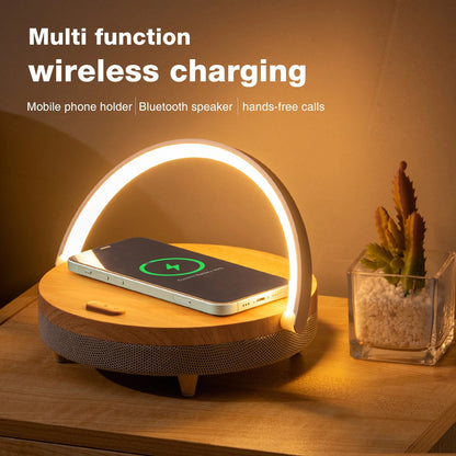 3-in-1 Wireless Charger, Bluetooth Speaker & Wooden Table Lamp 🌟