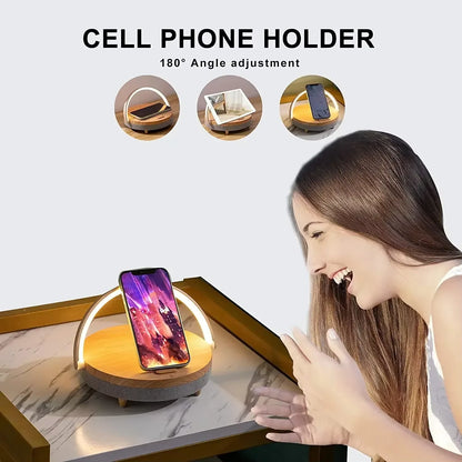 3-in-1 Wireless Charger, Bluetooth Speaker & Wooden Table Lamp 🌟