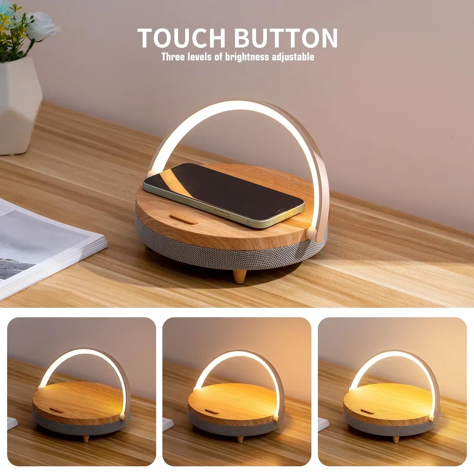 3-in-1 Wireless Charger, Bluetooth Speaker & Wooden Table Lamp 🌟