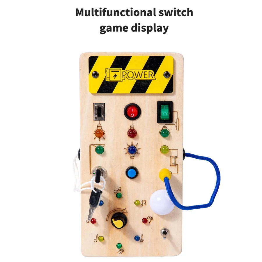 Wooden Busy Board Sensory Toy with LED Light Switch - Travel Activity Game for Kids