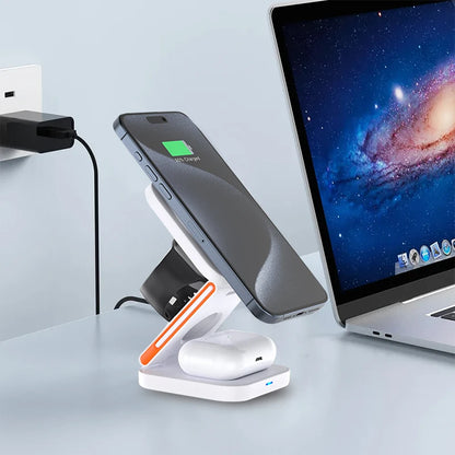 30W 3-in-1 Foldable Fast Magnetic Wireless Charging Station for iPhone 15/14/13/12, Apple Watch Series 8/7/6, and AirPods Pro