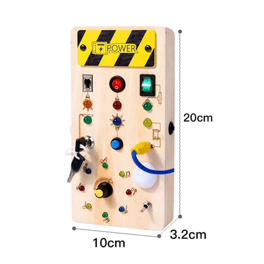 Wooden Busy Board Sensory Toy with LED Light Switch - Travel Activity Game for Kids