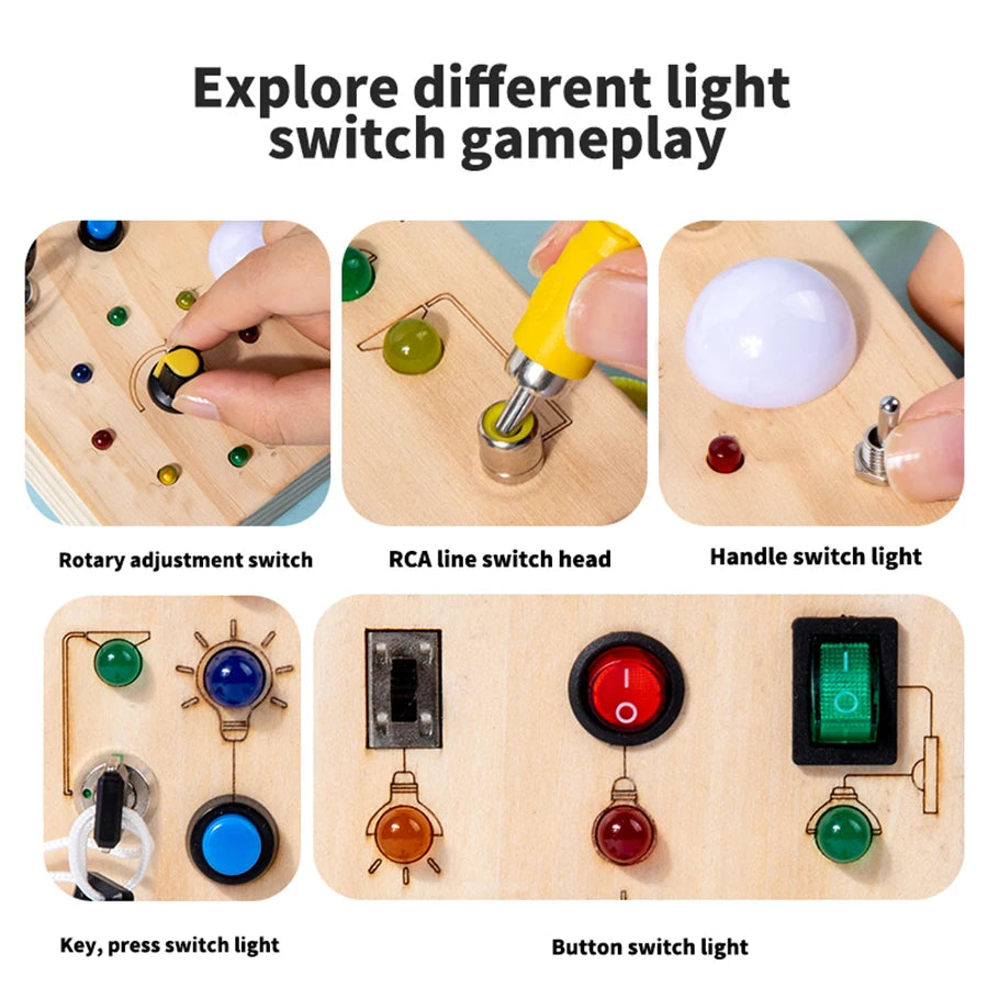 Wooden Busy Board Sensory Toy with LED Light Switch - Travel Activity Game for Kids