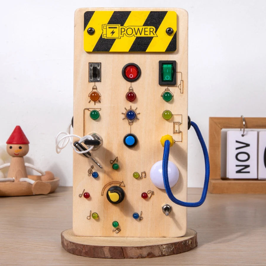 Wooden Busy Board Sensory Toy with LED Light Switch - Travel Activity Game for Kids