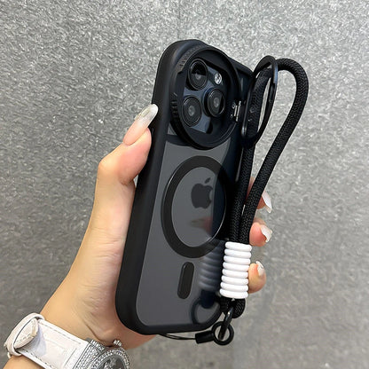 Foldable Magnetic Transparent Case with Glass Lens Stand and Wrist Strap - Shockproof Cover for iPhone 16, 15, 14, 13, 12, 11 Pro Max (MagSafe Compatible)