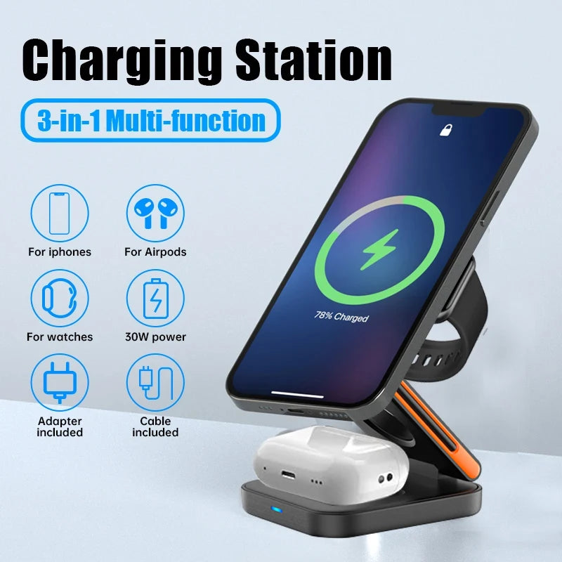 30W 3-in-1 Foldable Fast Magnetic Wireless Charging Station for iPhone 15/14/13/12, Apple Watch Series 8/7/6, and AirPods Pro