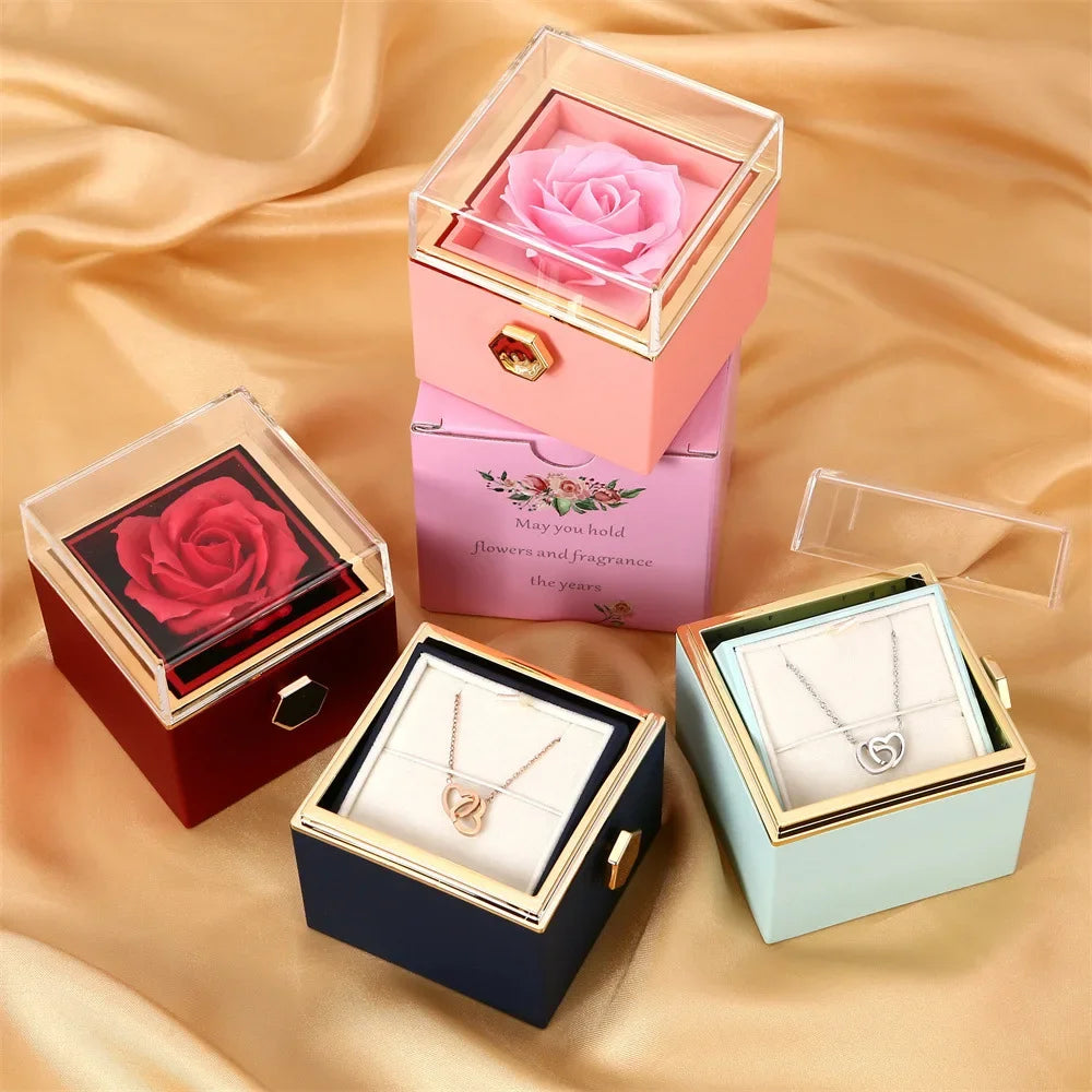 🌹 New 2025 Valentine's Day Double Heart Steel Necklace with Eternal Rose Box