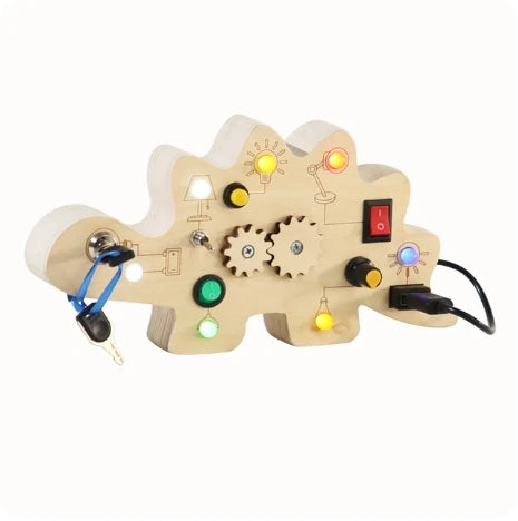 Wooden Busy Board Sensory Toy with LED Light Switch - Travel Activity Game for Kids