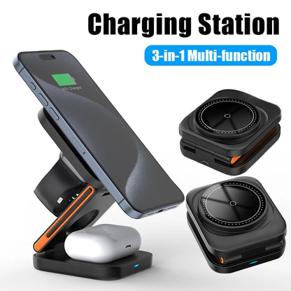 30W 3-in-1 Foldable Fast Magnetic Wireless Charging Station for iPhone 15/14/13/12, Apple Watch Series 8/7/6, and AirPods Pro