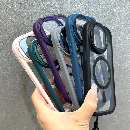 Foldable Magnetic Transparent Case with Glass Lens Stand and Wrist Strap - Shockproof Cover for iPhone 16, 15, 14, 13, 12, 11 Pro Max (MagSafe Compatible)