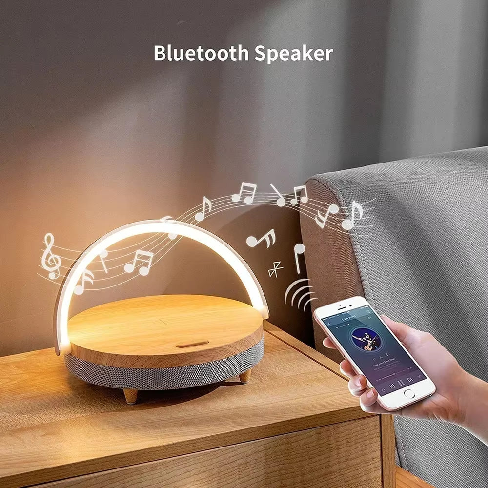 3-in-1 Wireless Charger, Bluetooth Speaker & Wooden Table Lamp 🌟