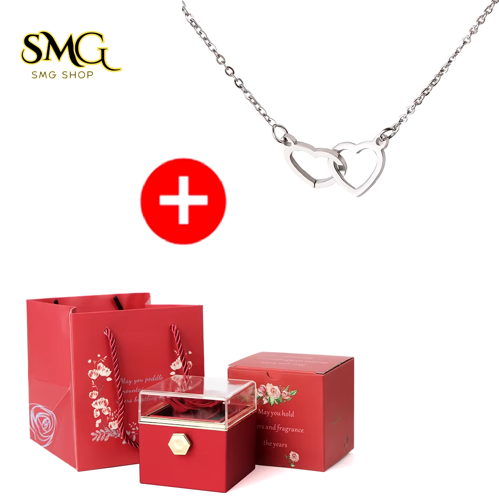 🌹 New 2025 Valentine's Day Double Heart Steel Necklace with Eternal Rose Box